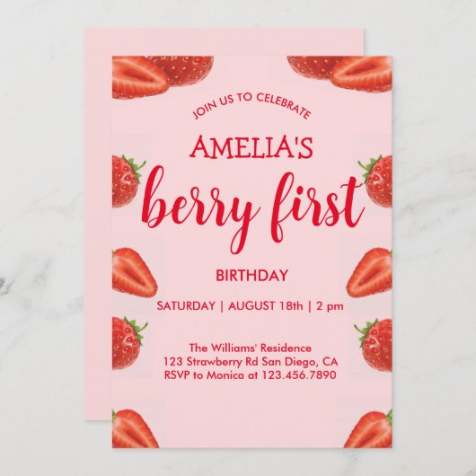 Berry First | Aardbei 1e verjaardag roze Kaart (Voorkant / Achterkant)