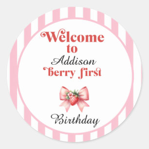 Berry First Aardbei en boog Verjaardag Ronde Sticker
