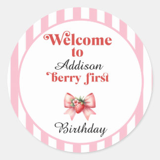 Berry First Aardbei en boog Verjaardag Ronde Sticker