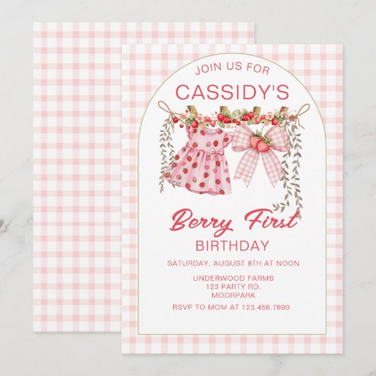 Berry First Birthday, 1st Birthday, Strawberry  Kaart (Voorkant / Achterkant)