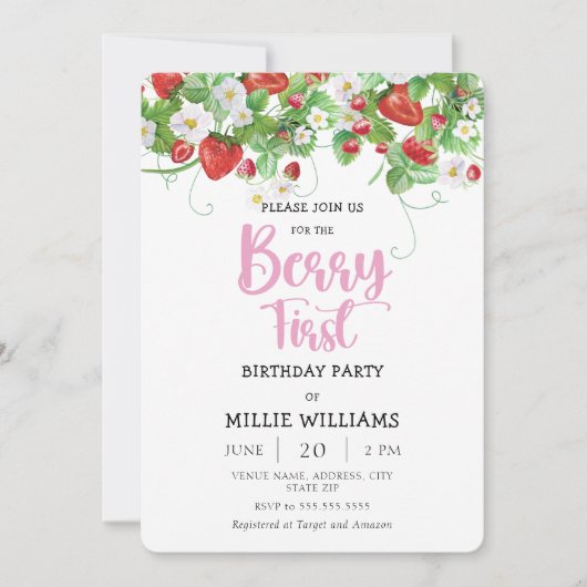 Berry First Birthday | Aardbei Birthday Party Kaart (Voorkant)