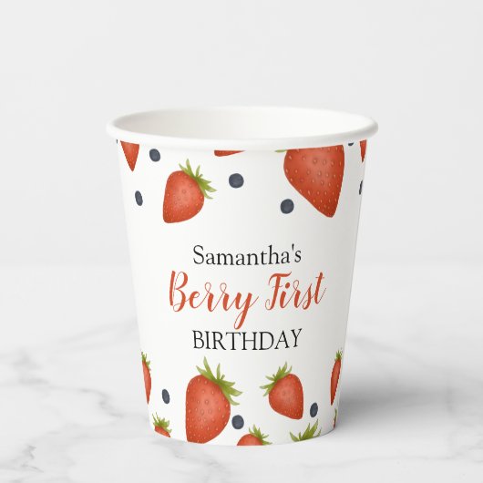 Berry First Birthday aardbeien en bosbessen Papieren Bekers (Achterkant)