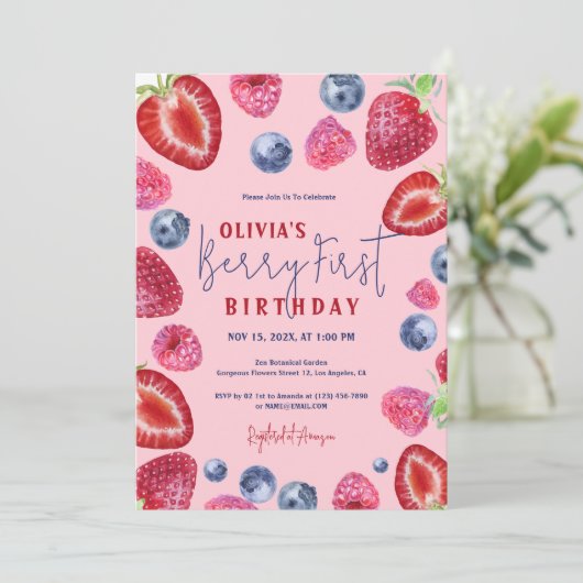 Berry First Birthday Berries Uitnodiging (Staand voorkant)