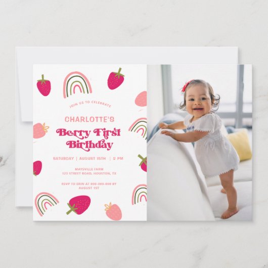 Berry First Birthday Boho Rainbow Photo Invitatio Kaart (Voorkant)