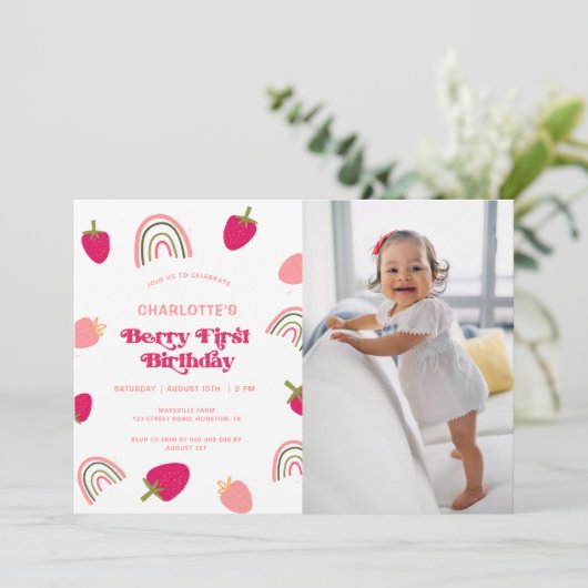 Berry First Birthday Boho Rainbow Photo Invitatio Kaart (Staand voorkant)