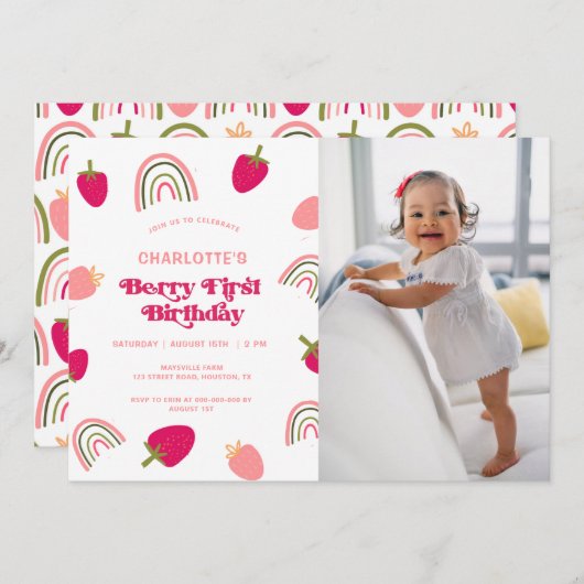 Berry First Birthday Boho Rainbow Photo Invitatio Kaart (Voorkant / Achterkant)