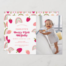 Berry First Birthday Boho Rainbow Photo Invitatio