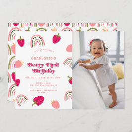 Berry First Birthday Boho Rainbow Photo Invitatio Kaart