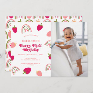 Berry First Birthday Boho Rainbow Photo Invitatio Kaart