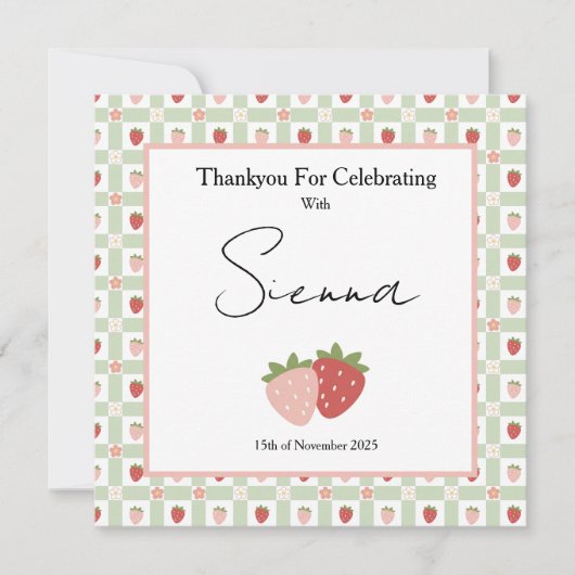 Berry First Birthday Customisable Gingham Print Bedankkaart (Voorkant)