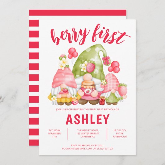 Berry First Birthday Cute Invitation Kaart (Voorkant / Achterkant)