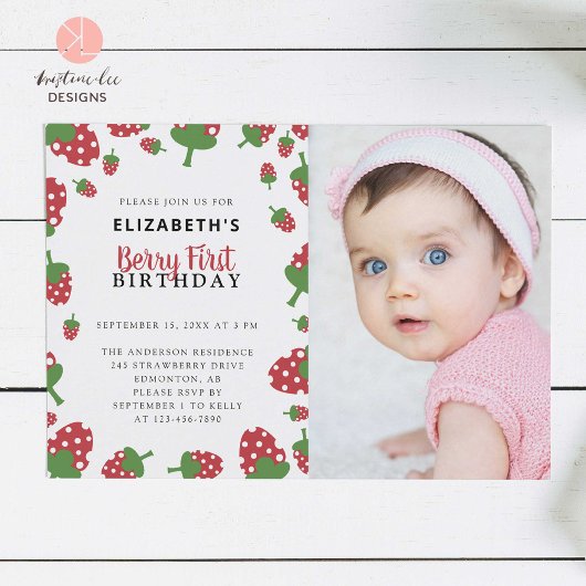 Berry First Birthday Cute Strawberry Foto Kaart