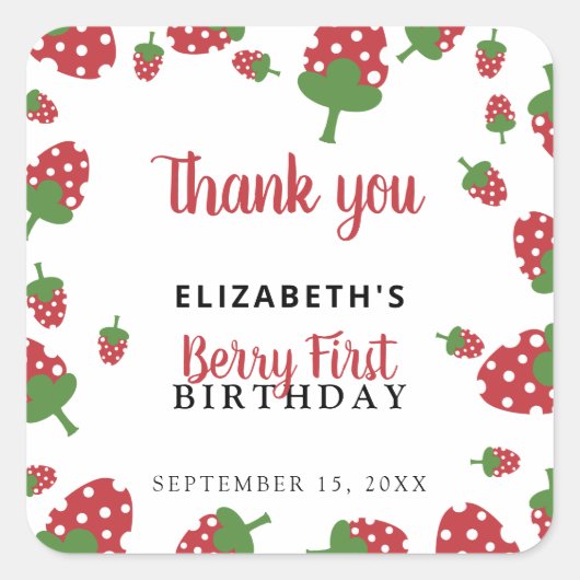 Berry First Birthday Cute Strawberry Girl Custom Vierkante Sticker (Voorkant)