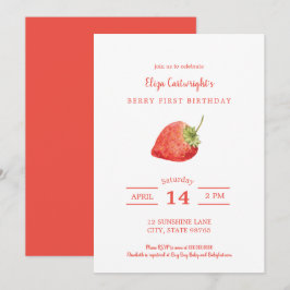 Berry First Birthday Eenvoudige aardbeienuitnodigi Kaart