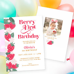 Berry First Birthday Girl Strawberry Party Kaart
