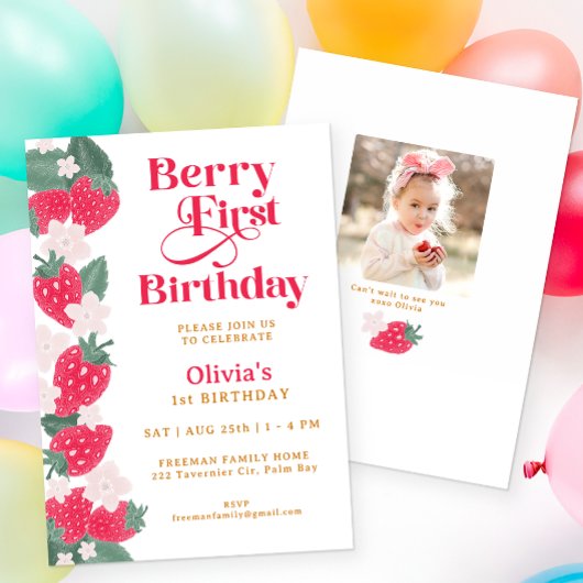 Berry First Birthday Girl Strawberry Party Kaart