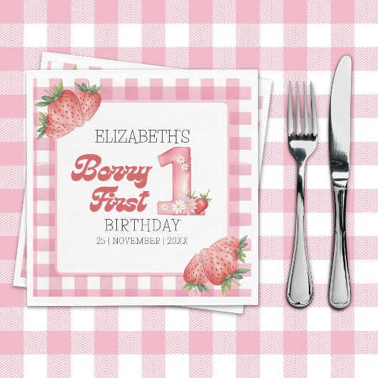"Berry First Birthday Girl strawberry Theme Servet