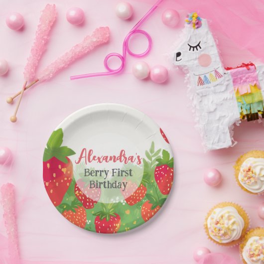 Berry First Birthday Girls Strawberry gepersonalis Papieren Bordje (Feest)