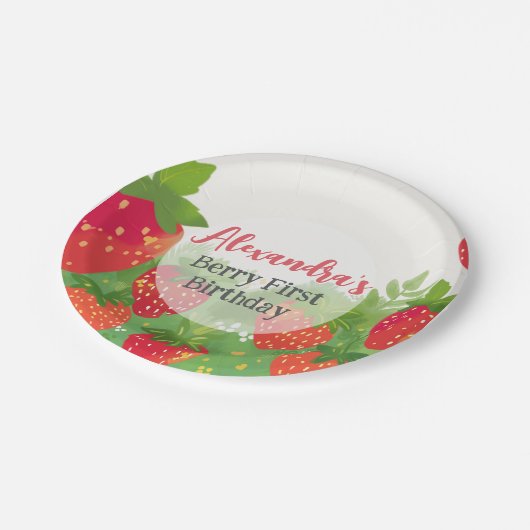 Berry First Birthday Girls Strawberry gepersonalis Papieren Bordje (Gekanteld)