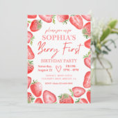 Berry First Birthday Invitation | Aardbei Kaart (Staand voorkant)