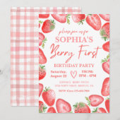 Berry First Birthday Invitation | Aardbei Kaart (Voorkant / Achterkant)