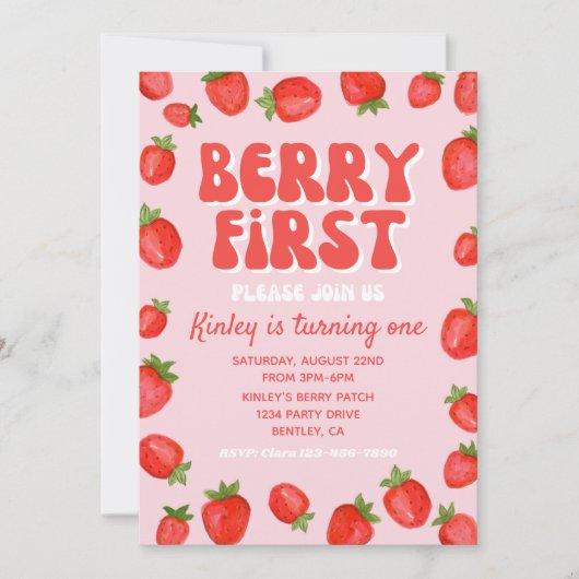 Berry First Birthday Invitation | Aardbei Kaart (Voorkant)