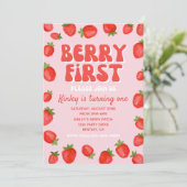 Berry First Birthday Invitation | Aardbei Kaart (Staand voorkant)