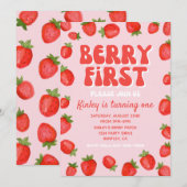 Berry First Birthday Invitation | Aardbei Kaart (Voorkant / Achterkant)