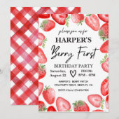 Berry First Birthday Invitation | Aardbei Kaart (Voorkant / Achterkant)