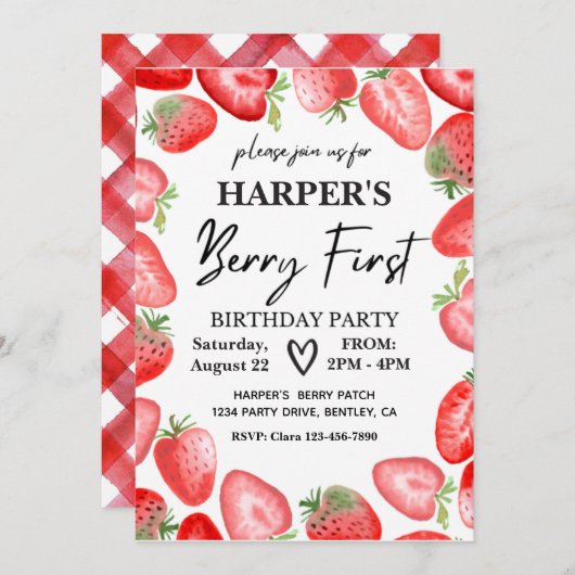 Berry First Birthday Invitation | Aardbei Kaart (Voorkant / Achterkant)