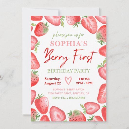 Berry First Birthday Invitation | Aardbei Kaart (Voorkant)