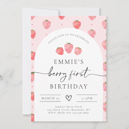 Berry First Birthday Invitation | Aardbei Kaart (Voorkant)