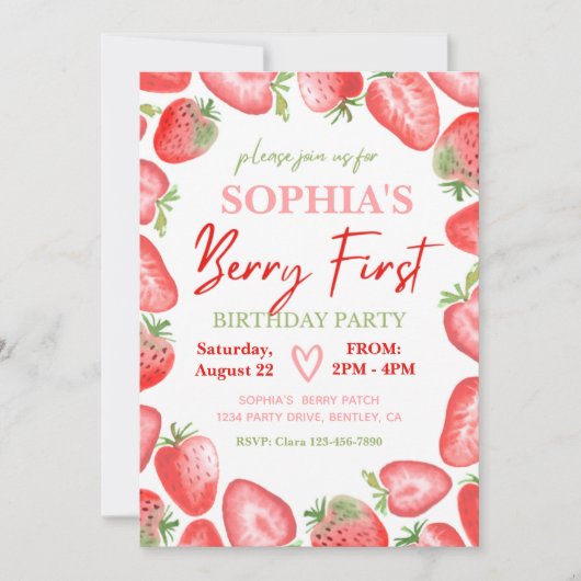 Berry First Birthday Invitation | Aardbei Kaart (Voorkant)