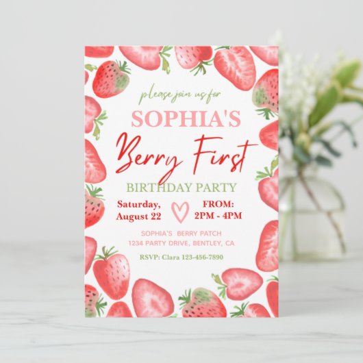 Berry First Birthday Invitation | Aardbei Kaart (Staand voorkant)