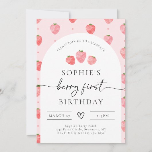 Berry First Birthday Invitation | Aardbei Kaart (Voorkant)
