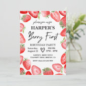 Berry First Birthday Invitation | Aardbei Kaart (Staand voorkant)