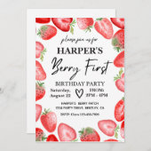 Berry First Birthday Invitation | Aardbei Kaart (Voorkant / Achterkant)