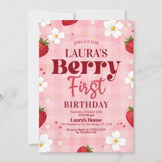 Berry First Birthday Invitation, bewerkbare 1e ver Kaart (Voorkant)