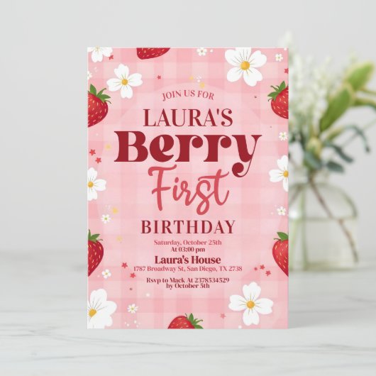 Berry First Birthday Invitation, bewerkbare 1e ver Kaart (Staand voorkant)