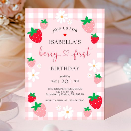 Berry First Birthday Invitation, bewerkbare 1e ver Kaart