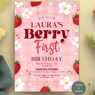Berry First Birthday Invitation, bewerkbare 1e ver Kaart