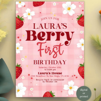 Berry First Birthday Invitation, bewerkbare 1e ver Kaart