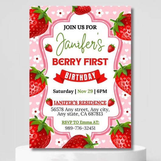 Berry First Birthday Invitation, bewerkbare 1e ver Kaart