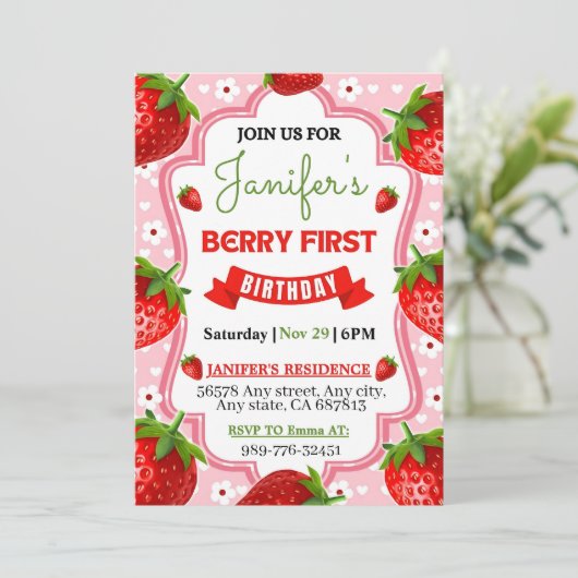 Berry First Birthday Invitation, bewerkbare 1e ver Kaart (Staand voorkant)
