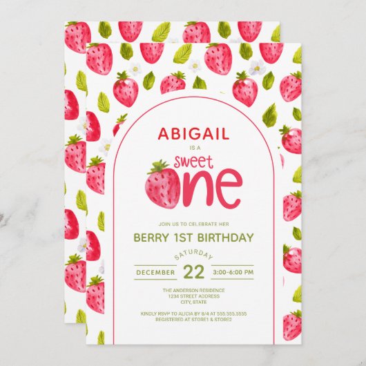 Berry First Birthday Invitation Kaart (Voorkant / Achterkant)