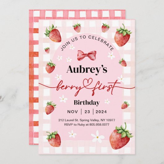 Berry First Birthday Invitation Kaart (Voorkant / Achterkant)