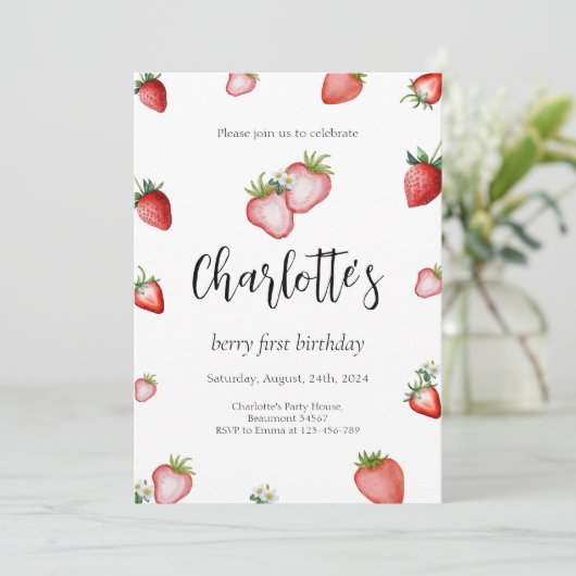 Berry First Birthday Invitation Kaart (Staand voorkant)