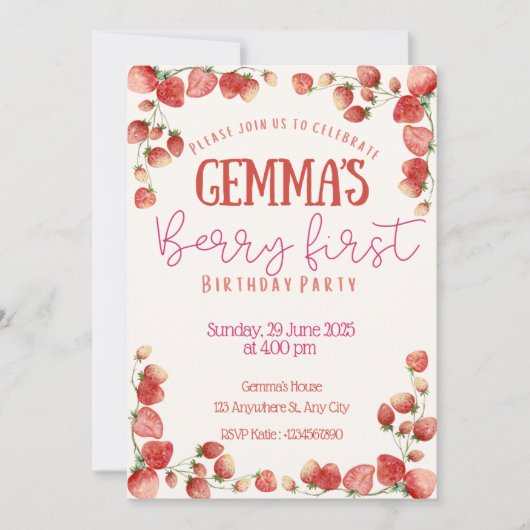 Berry First Birthday Invitation Kaart (Voorkant)