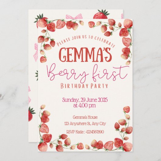 Berry First Birthday Invitation Kaart (Voorkant / Achterkant)