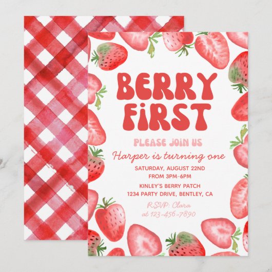 Berry First Birthday Invitation | Retroaardbei Kaart (Voorkant / Achterkant)